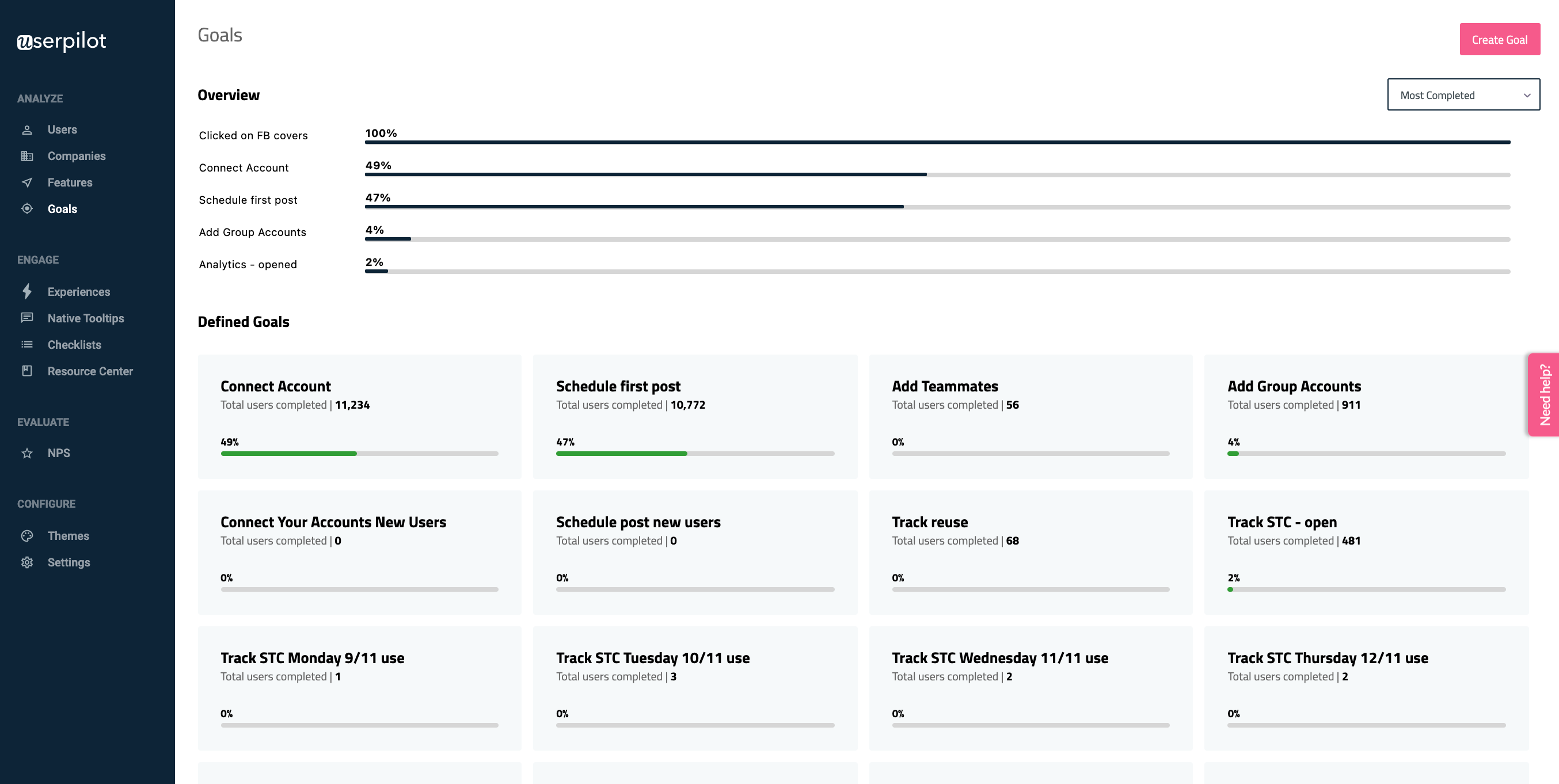 tavoitteet userpilot postfity kojelauta